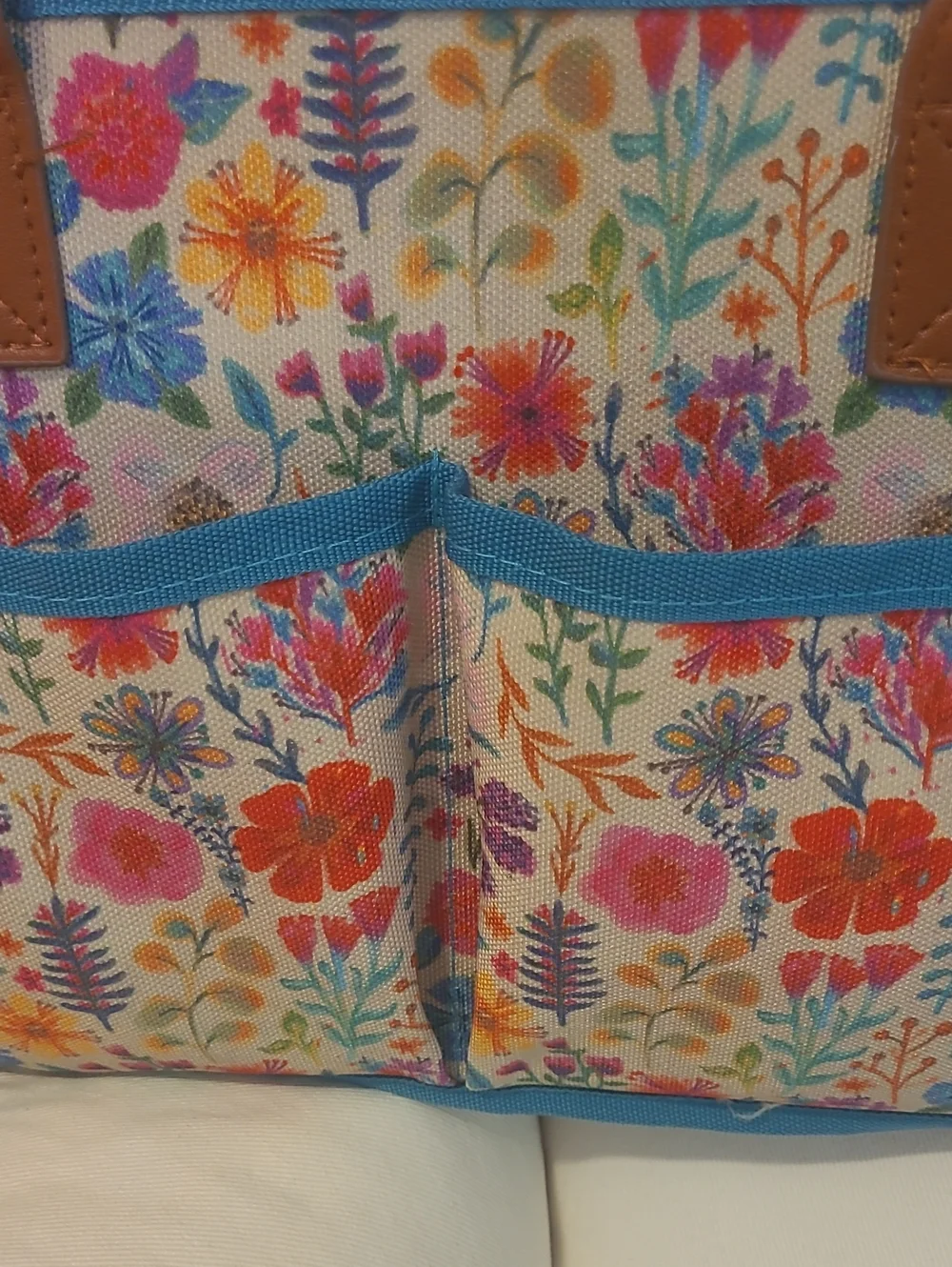 Natural Life Floral Garden Utility Tote Caddy - Blue Trim, Brown Handles